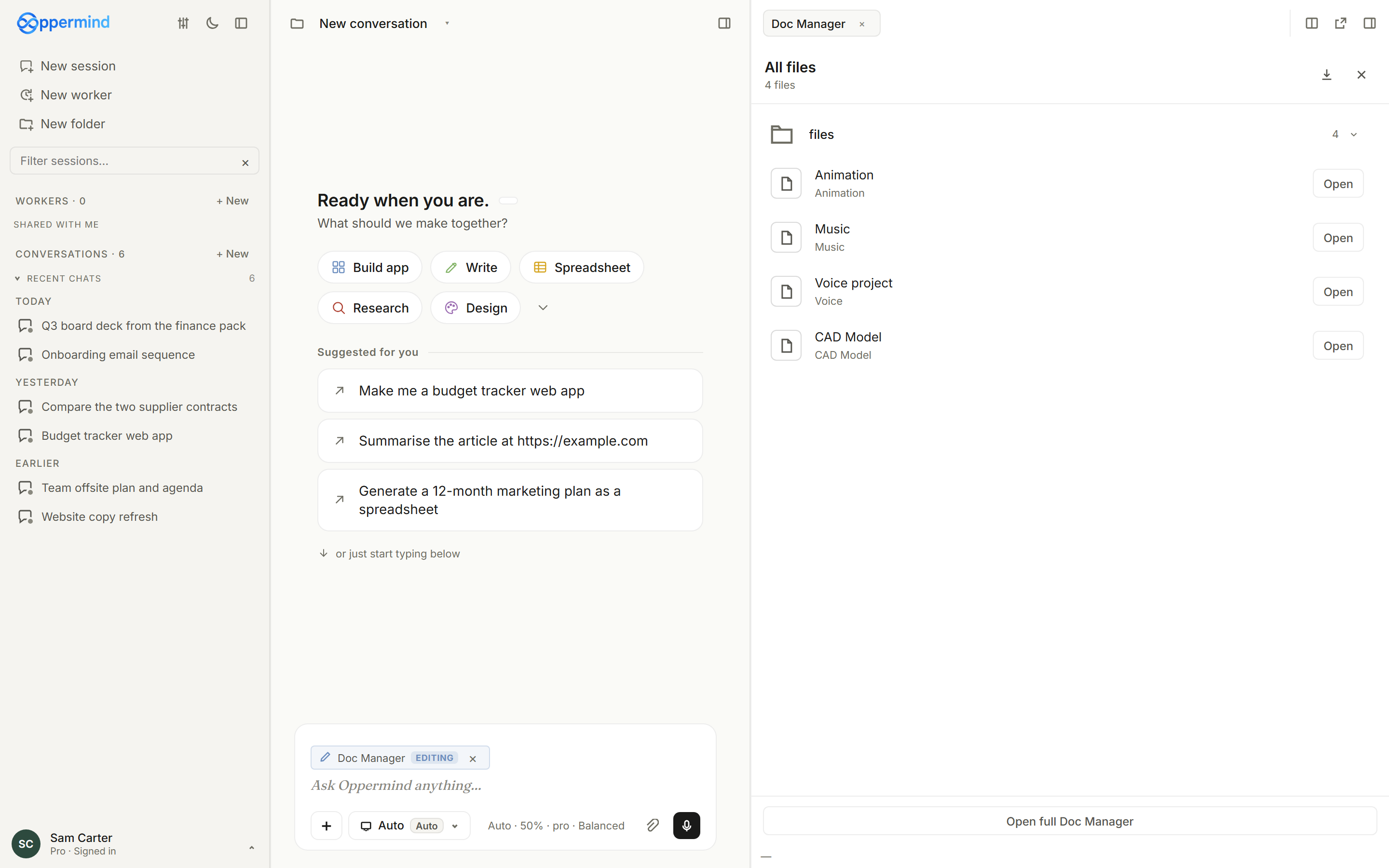 Doc Manager open in the right-hand pane listing the files made in this chat, each with an Open button.