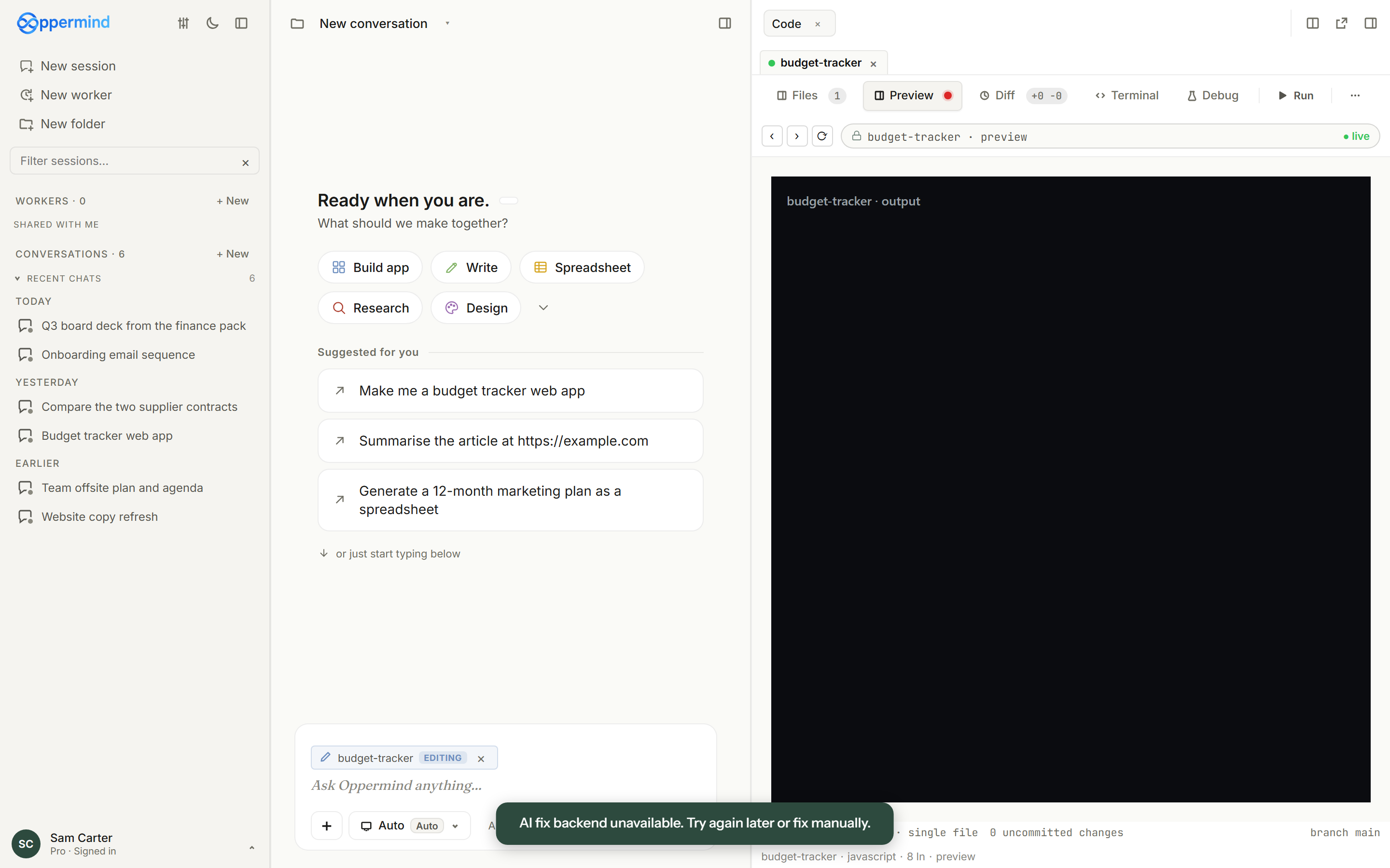 A code project open in the Code editor with its file tree and editor beside the chat.