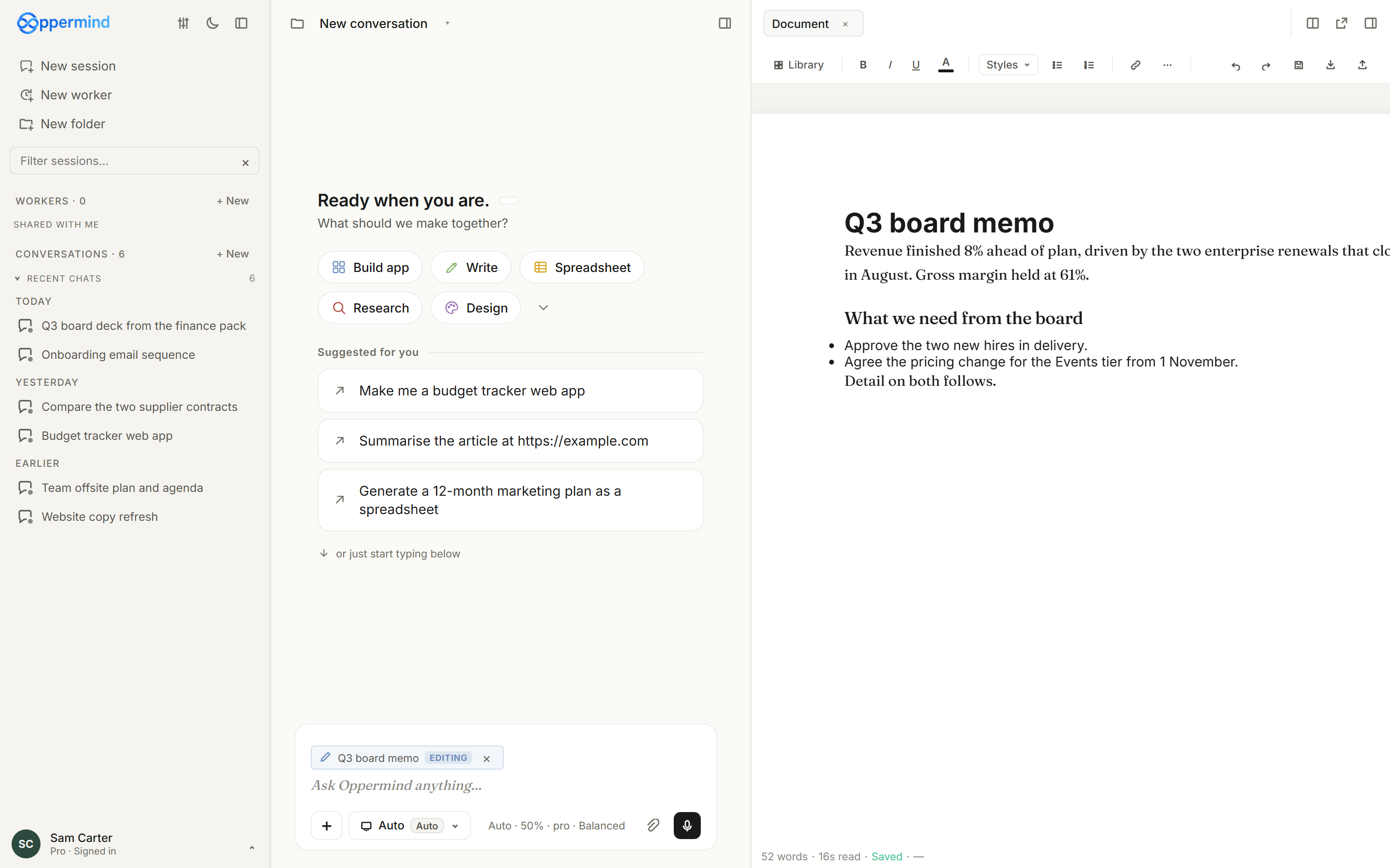 A generated board memo open in the Document editor on the right, beside the chat.
