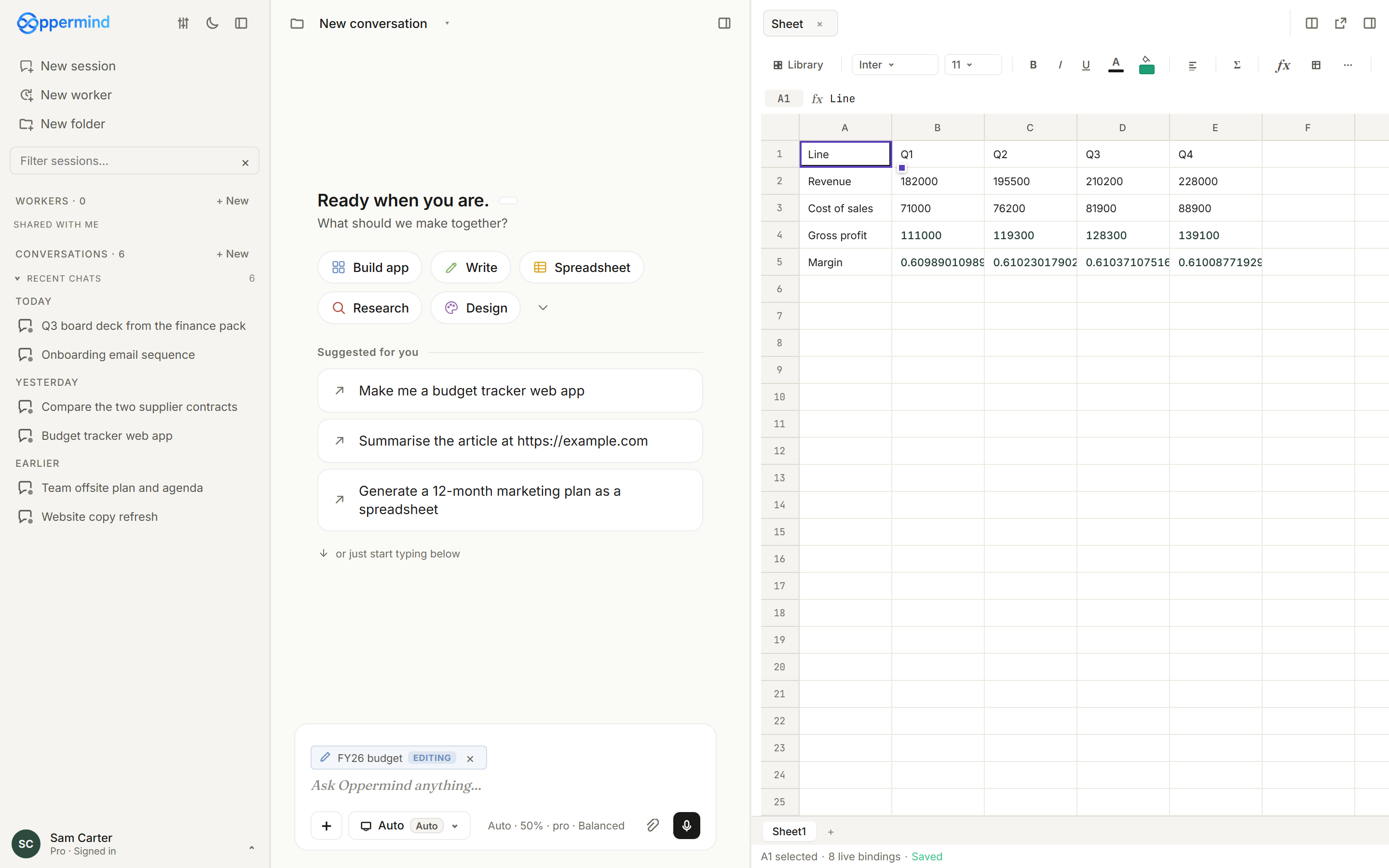 A budget open in the Sheet editor with its toolbar and formula bar.