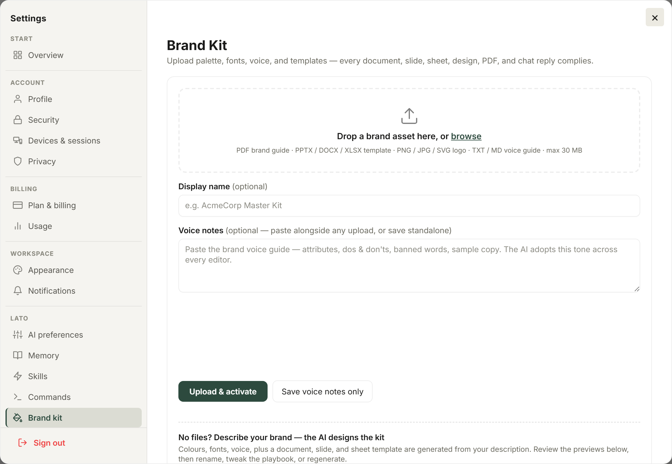 Settings → Brand kit with an upload drop zone, voice notes and a Generate with AI option.