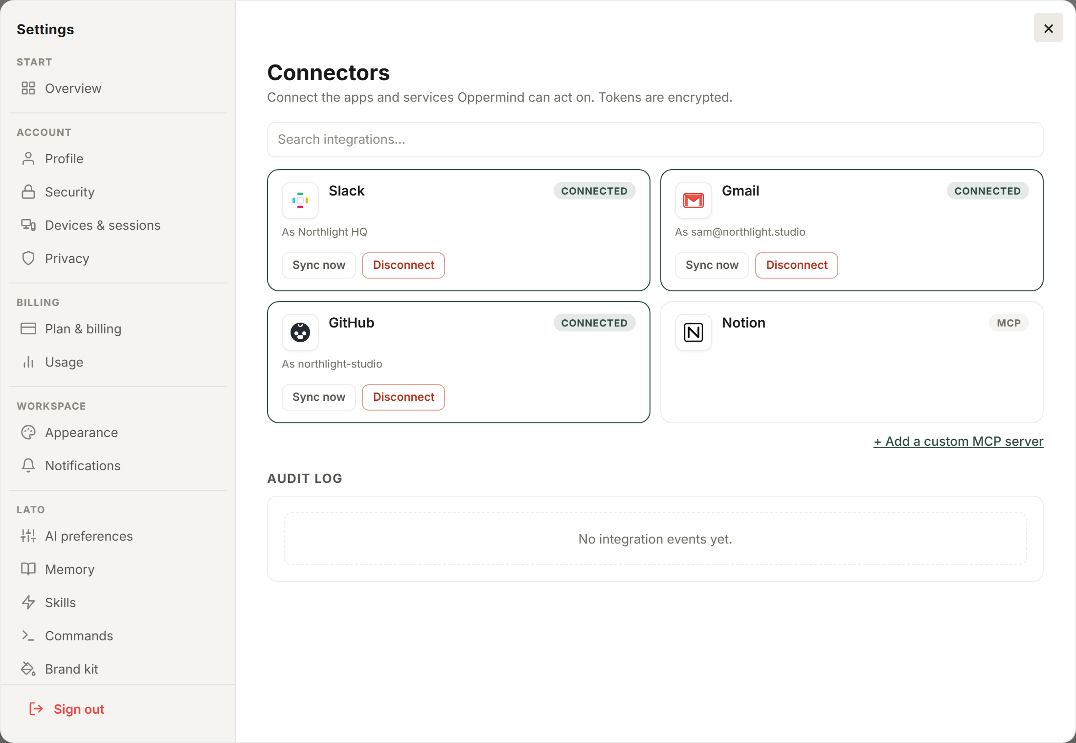 Settings → Connectors showing connected services and the catalogue of available connectors.