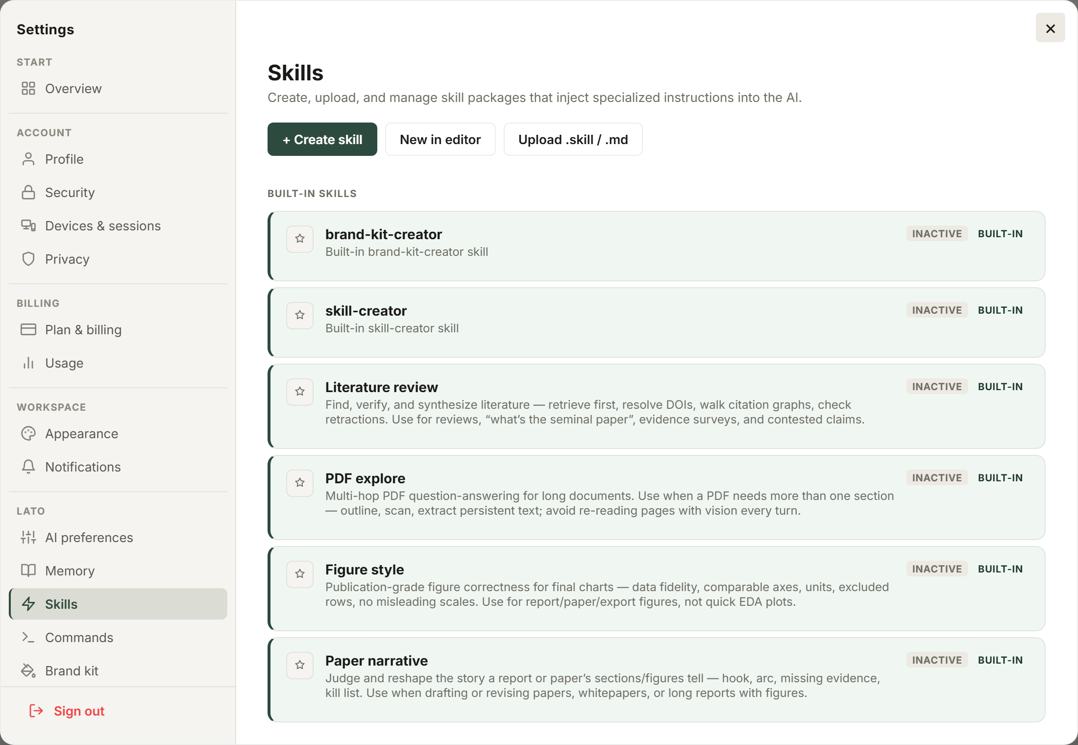 Settings → Skills showing each skill's active state.