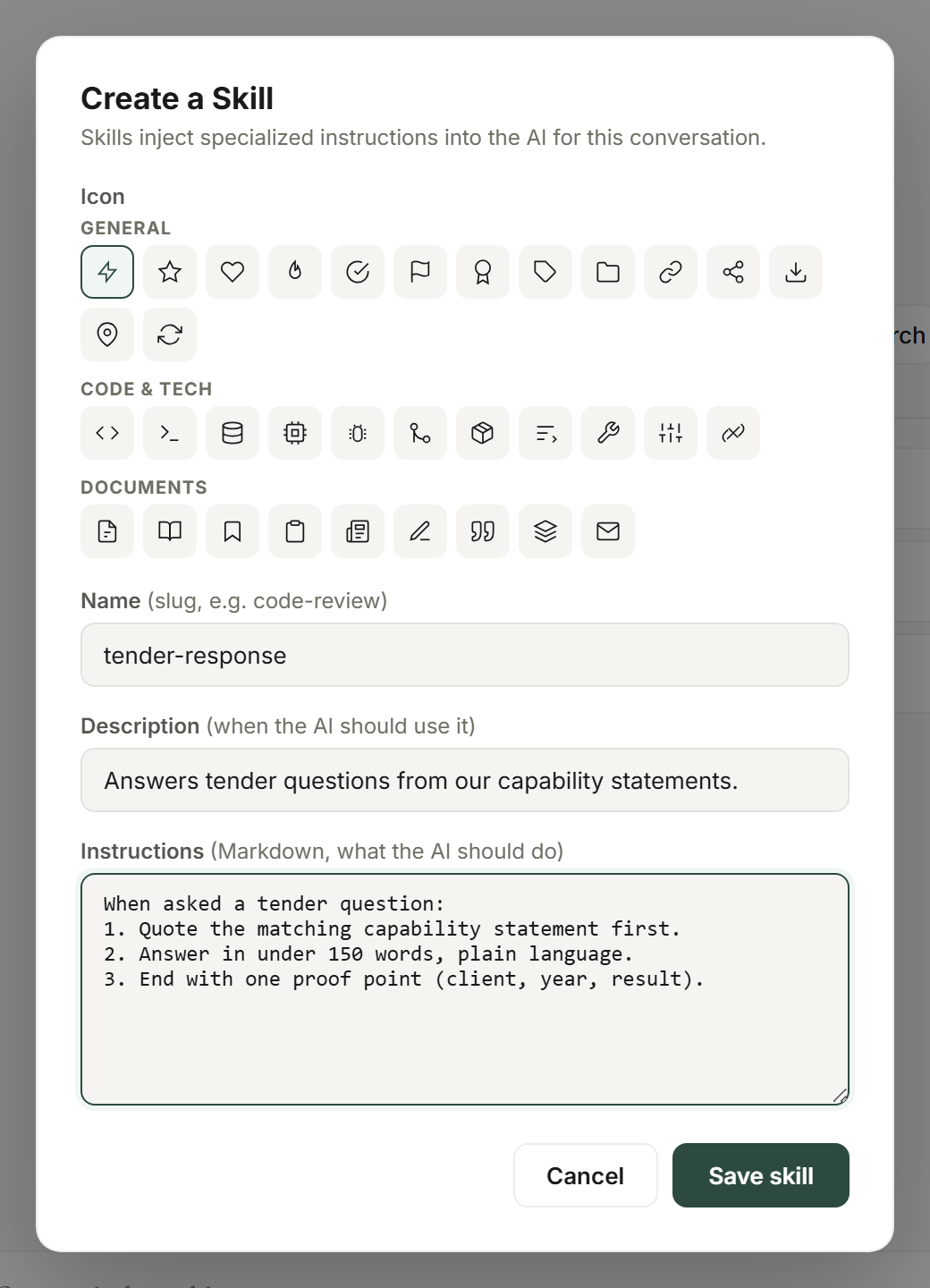 The Create a Skill dialog with an icon picker, name, description and the skill instructions.